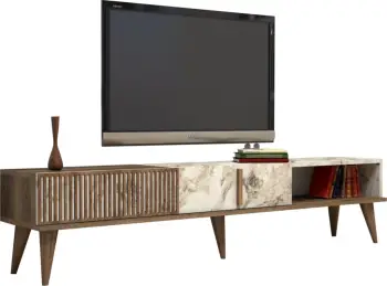 Tavolinë për TV, melaminë, ngjyrë arre dhe mermer të bardhë, FH9512.03, 180x35x40 cm