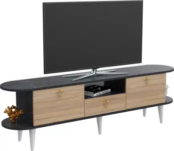 Mobilje TV BEECON FH18185 melaminë, ngjyrë mermeri të zi & këmbë të bardha sonama 180x36x53Hcm
