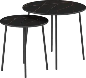 Tavolina kafeje 2 copë, FH9878.13, melaminë, ngjyrë mermeri i zi-metal i zi, Φ55x45H cm