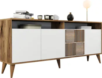 Bufe melamine në ngjyrë arre me dyer të bardha 180x35x78.6Hcm.FH9431.02