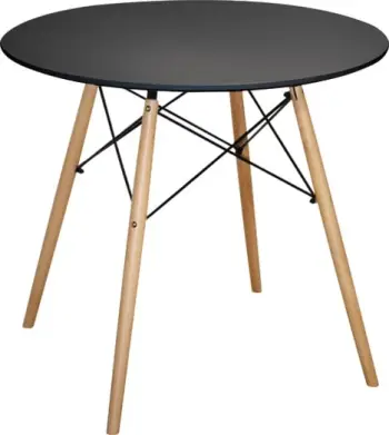Tavolinë ngrënieje e rrumbullakët minimaliste, FH0059.02, MDF ngjyrë e zezë, këmbë druri ahu natyrale, Φ80x72H cm