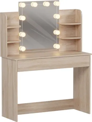 Tavolinë grimi me drita LED, rafte, sirtarë, Lauryn FH2502.01, ngjyrë sonama, 101.8x40x139.5H cm