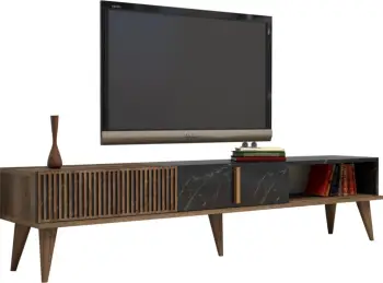 Mbajtës TV, FH9512.02, melaminë, ngjyrë arre dhe mermer i zi, 180x35x40Hcm