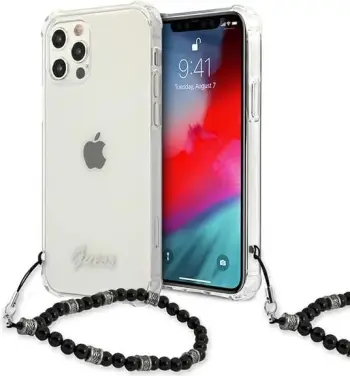 Mbështjellës Guess GUHCP12MKPSBK për iPhone 12/12 Pro 6.1", Transparent, me varëse Black Pearl