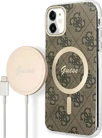 Mbështjellës Guess GUBPN61H4EACSW me karikues wireless për iPhone 11, 6.1", 4G Print, kafe, set