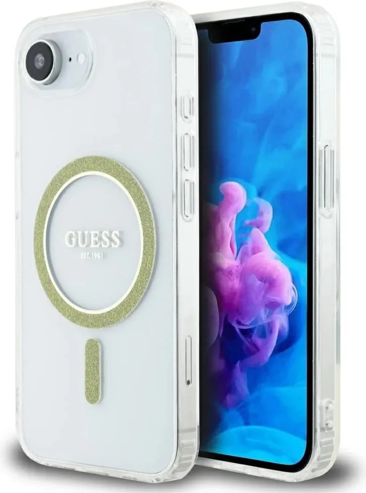 Mbështjellës Guess IML Glitter Circle MagSafe për iPhone 16e, Transparent - 1