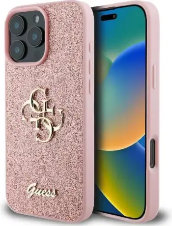 Mbështjellës Guess Fixed Glitter Big 4G për iPhone 16 Pro, Rozë