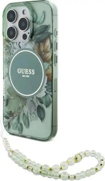 Mbështjellës Guess Flowers With Pearl Strap MagSafe për iPhone 16 Pro, Gjelbër