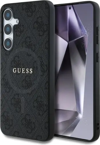 Mbështjellës Guess Leather 4G Colored Ring Classic Logo MagSafe për Samsung Galaxy S25 Plus, i zi