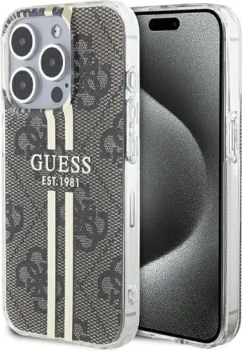 Mbështjellës Guess IML 4G Gold Stripe për iPhone 15 Pro Max, kafe