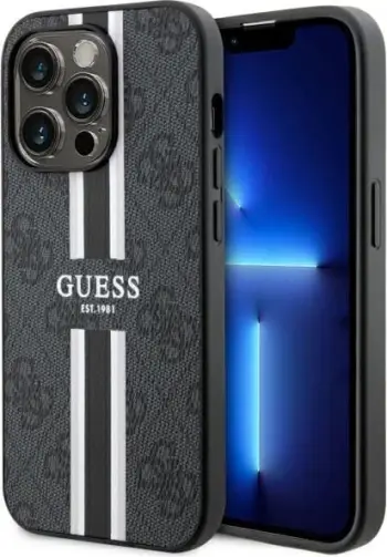 Mbështjellës Guess GUHMP14XP4RPSK për iPhone 14 Pro Max 6.7", 4G Printed Stripes MagSafe, i zi