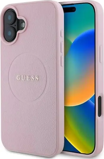 Mbështjellës Guess Grained Gold Ring MagSafe për iPhone 16 Plus, i zi