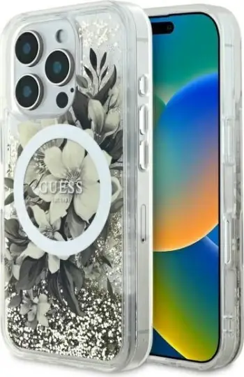 Mbështjellës Guess Liquid Glitter Flower MagSafe për iPhone 16, Bezhe