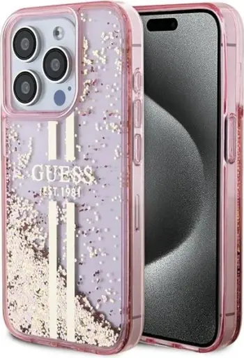 Këllëf telefoni Guess Liquid Glitter Gold Stripes, për iPhone 15 Pro, i rozë