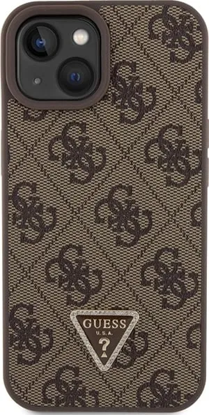 Mbështjellës Guess Leather 4G Triangle Strass për iPhone 15, Kafe - 2