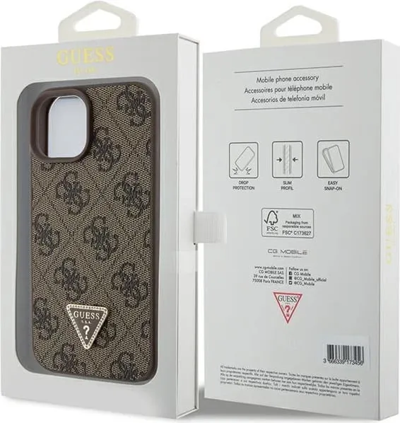 Mbështjellës Guess Leather 4G Triangle Strass për iPhone 15, Kafe - 3