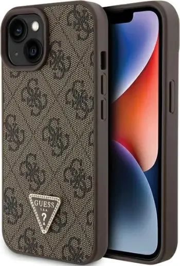 Mbështjellës Guess Leather 4G Triangle Strass për iPhone 15, Kafe