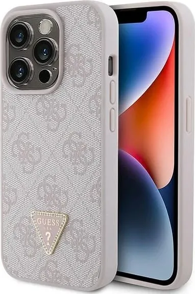 Mbështjellës Guess Leather 4G Triangle Strass për iPhone 15, Rozë - 1