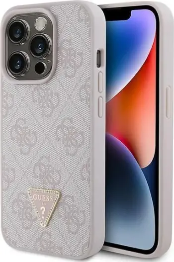 Mbështjellës Guess Leather 4G Triangle Strass për iPhone 15, Rozë