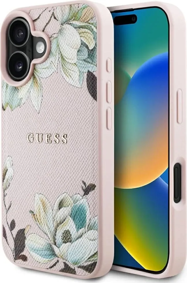 Mbështjellës Guess Grained Printed Flower Pattern MagSafe për iPhone 16, Rozë - 1