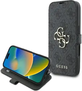 Mbështjellës Guess 4G Metal Logo për iPhone 16 Pro, eko-lëkurë, e zezë