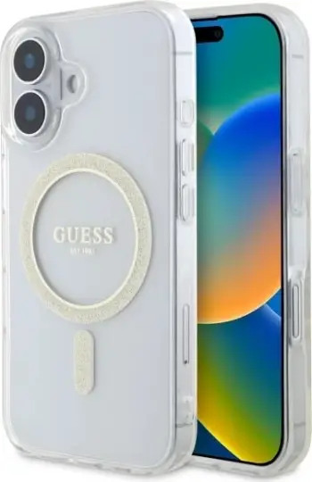 Mbështjellës Guess GUHMP16MHFGERET për iPhone 16 Plus 6.7", transparent, Glitter Circle MagSafe
