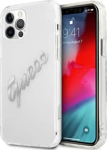 Mbështjellës Guess GUHCP12MKTRSVSI për iPhone 12/12 Pro 6.1", transparent, argjendtë