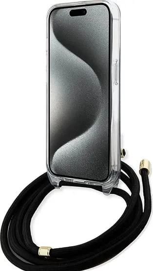 Mbështjellës Guess Crossbody Cord 4G Print për iPhone 15 Pro, zi - 4