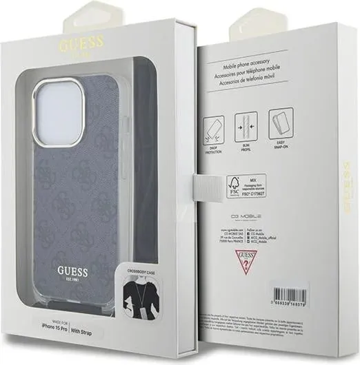 Mbështjellës Guess Crossbody Cord 4G Print për iPhone 15 Pro, zi - 7