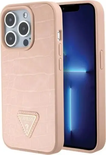 Mbështjellës Guess Croco Triangle Metal Logo për iPhone 15 Pro, rozë