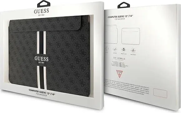 Mbështjellës laptopi Guess 4G Printed Stripes, deri 14", lëkurë eko, e zezë - 4