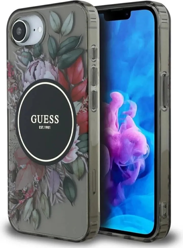 Mbështjellës Guess IML Flowers MagSafe për iPhone 16e, i zi - 1