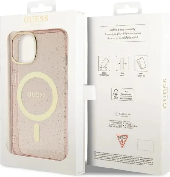 Mbrojtëse telefoni Guess Glitter Gold MagSafe, për iPhone 14 Plus, rozë - 3