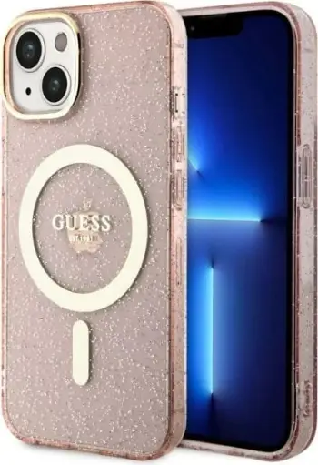 Mbrojtëse telefoni Guess Glitter Gold MagSafe, për iPhone 14 Plus, rozë