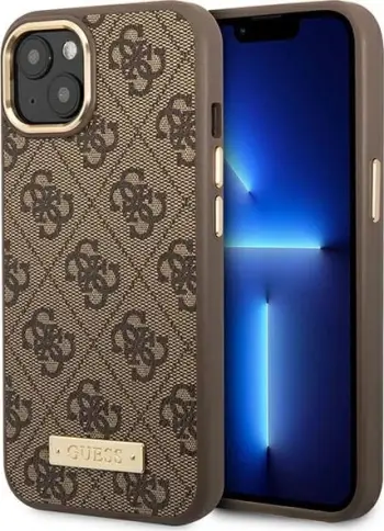 Mbështjellës Guess GUHMP14MU4GPRW për iPhone 14 Plus 6.7", 4G Logo Plate MagSafe, Kafe