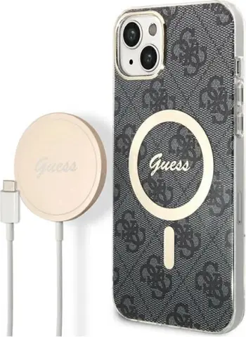 Set mbështjellës Guess GUBPP14MH4EACSK me karikues wireless për iPhone 14 Plus 6.7", zi, 4G Print, MagSafe