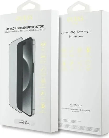 Mbrojtës ekrani Guess Privacy 2.5D Outline për iPhone 16 Pro, xham i temperuar - 2
