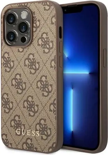 Mbështjellës Guess 4G Metal Gold Logo për iPhone 14 Pro Max, lëkurë eko, Kafe