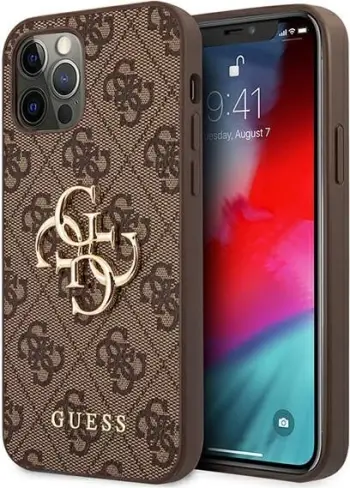 Mbështjellës Guess 4G Big Metal Logo për iPhone 12 / iPhone 12 Pro, Kafe