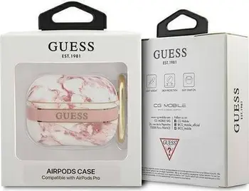 Kuti mbrojtëse Guess Marble Strap për AirPods Pro, motiv mermeri, me unazë varëse, rozë