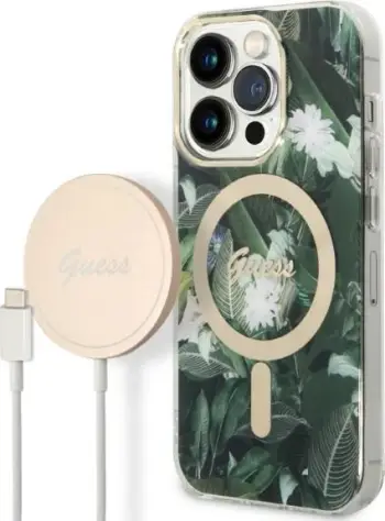 Set mbështjellës Guess Jungle Collection me karikues wireless për iPhone 14 Pro Max, 6.7", MagSafe, Gjelbër