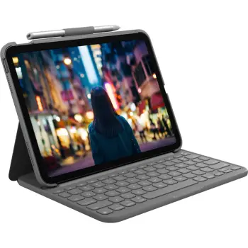 Aksesorë për tablet Logitech Slim Folio Bluetooth Tastaturë dhe Shkëlqim për iPad 10. Gjenerata gri QWERTZ DE