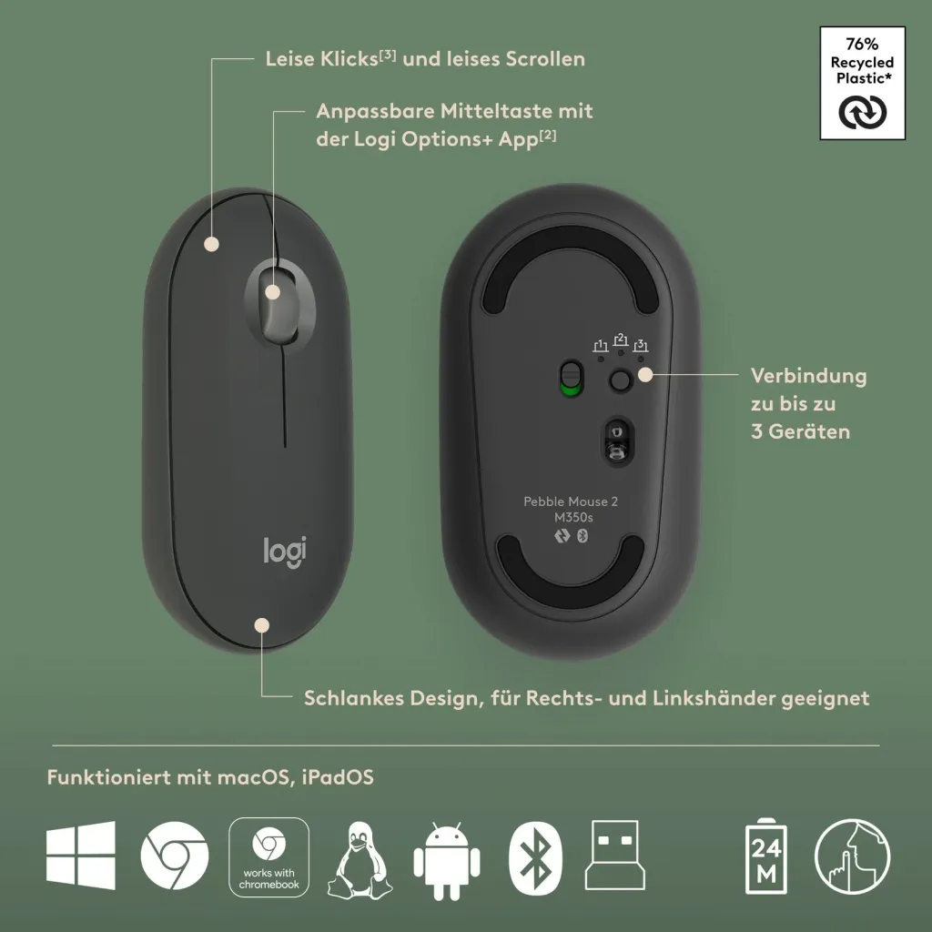 Set maus e tastierë Logitech Pebble 2 Combo 920-012203, wireless, Bluetooth, QWERTZ, grafit - 4