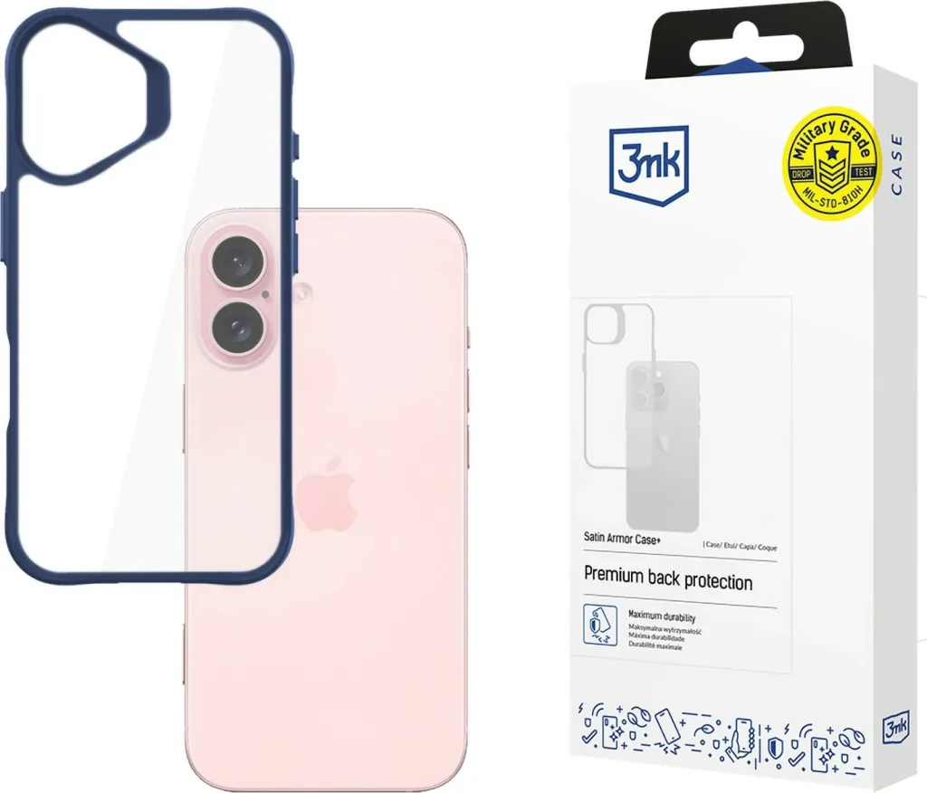 Mbështjellës 3mk Satin Armor Case+ për iPhone 16, Transparent me kornizë kaltër - 1