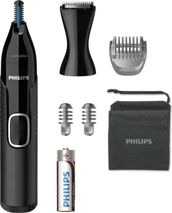 Makinë rroje për hundë dhe veshë Philips NT5650/16 Series 5000, e larshme, me krehra për vetulla dhe kokë detaji, me bateri AA, e zezë
