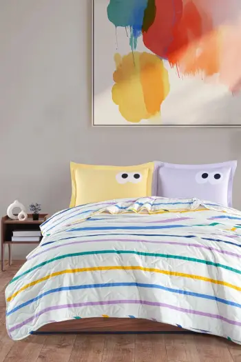 Set mbulesë krevati e qepur, Funny, ngjyrë e verdhë dhe lejla, King size