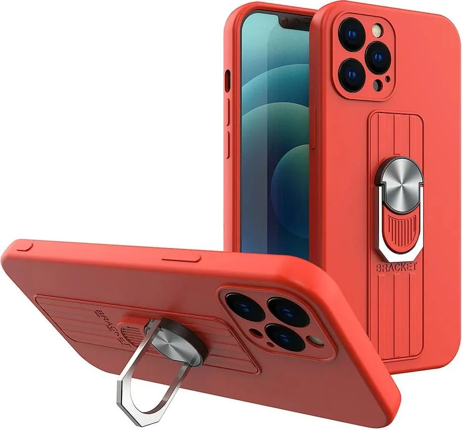 Mbështjellës silikoni Hurtel Ring Case me dorezë dhe qëndrim për Samsung Galaxy A22 4G, Kuq - 1