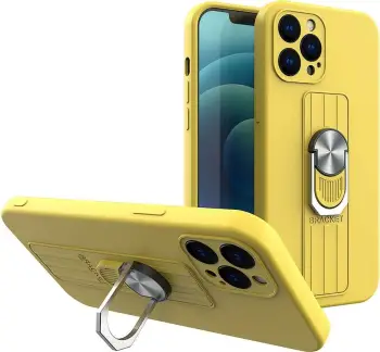 Mbështjellës silikoni Hurtel Ring Case me mbajtëse gishti dhe qëndrim për iPhone 12 mini, e verdhë