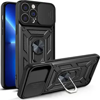 Mbështjellës Hurtel Hybrid Armor Camshield për iPhone 13 Pro, me kapak kamere, me unazë metalike, i zi