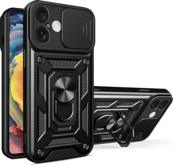 Mbështjellës Hurtel Hybrid Armor Camshield për iPhone 16 Pro, me kapak kamere dhe qëndrim, zi